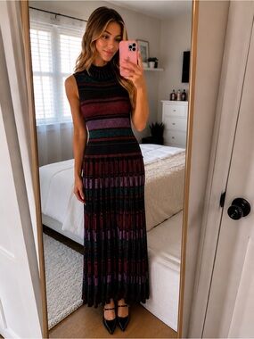 Maggy London Black, Burgundy, Purple & Green Striped Sleeveless Maxi Dress